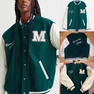 NWT H&M DIVIDED MINNESOTA COLLEGE LETTERMANS JACKET GREEN IVORY VEGAN SIZE S